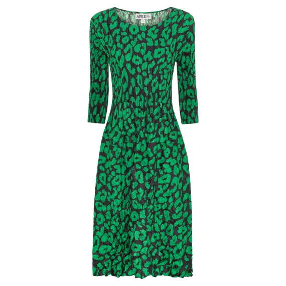 Alquema. 3/4 Sleeve Smash Pocket Dress. Emerald leopard