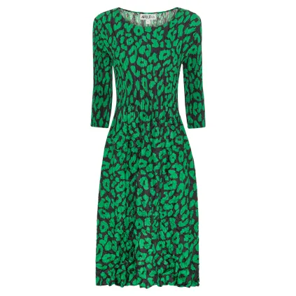 Alquema. 3/4 Sleeve Smash Pocket Dress. Emerald leopard