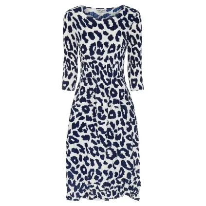 Alquema. 3/4 Sleeve Smash Pocket Dress. Indigo leopard