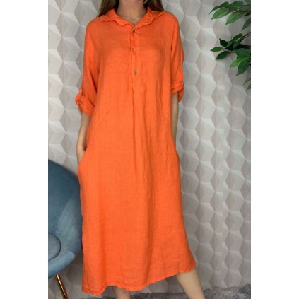 Lang skjorte-kjole i lin. Orange